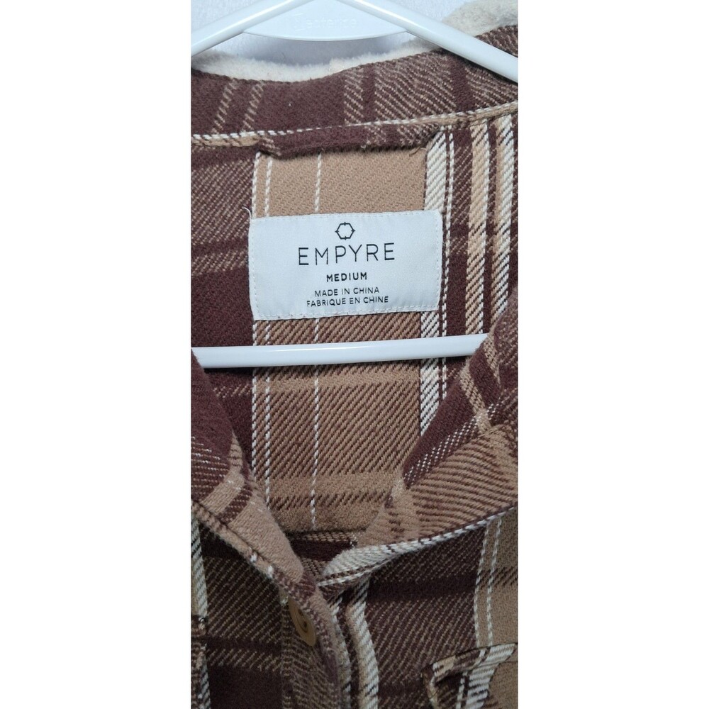 Empyre Mens Medium Plaid Hooded Button Up Jacket Shacket Brown White - Picture 2 of 6
